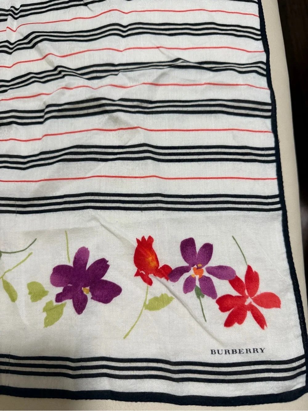 Burberry White Scarf with Black Stripes and Multicolor Floral Border